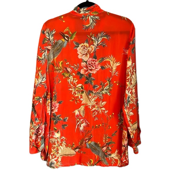 Johnny Was Sheer Button Front Red Multi Color Roll Sleeve Tunic Size L - Picture 2 of 13